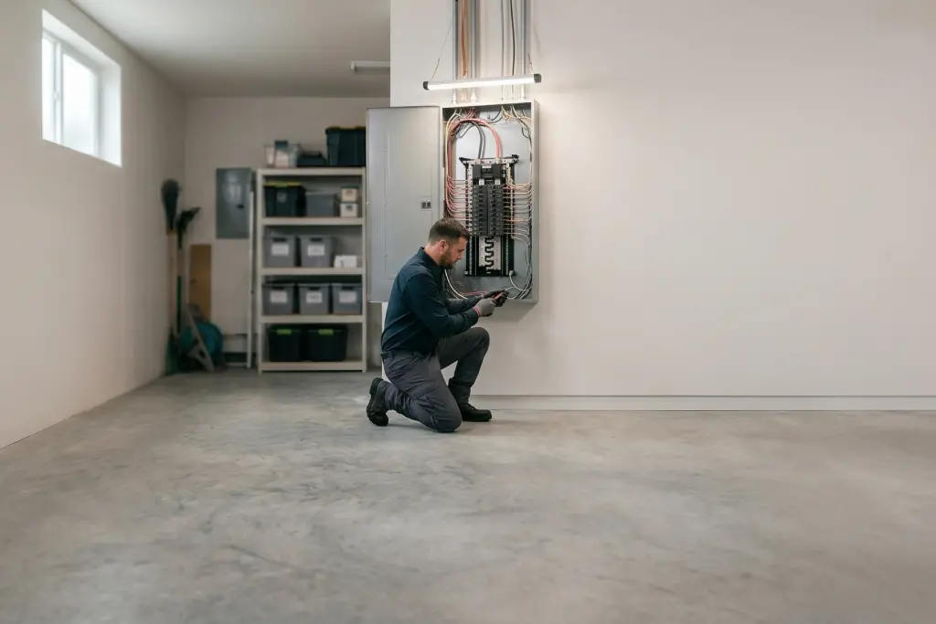 An electrician works on installing a new electrical panel in a garage