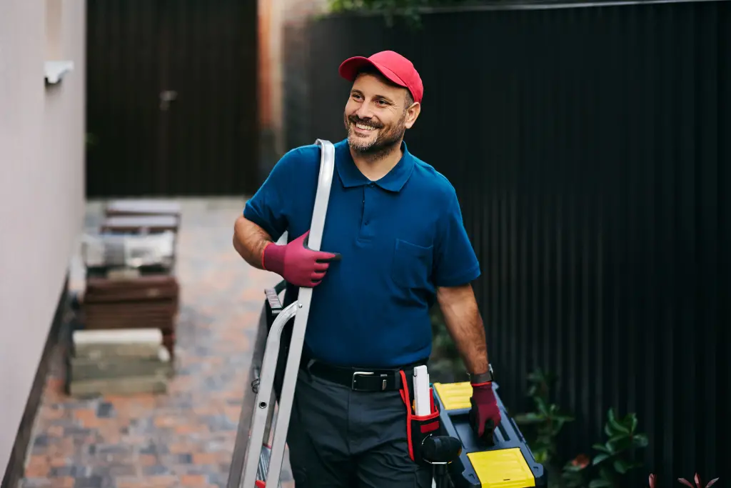 A happy Mr. Bright electrician walking with a toolbox to make electrical repairs in a Cowlitz county home
