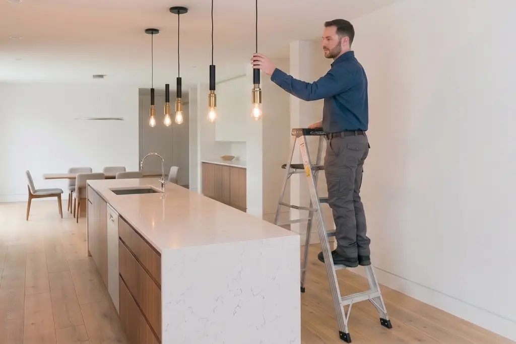 A Mr. Bright Electric technician checks hanging kitchen lights after installation in Clark County home