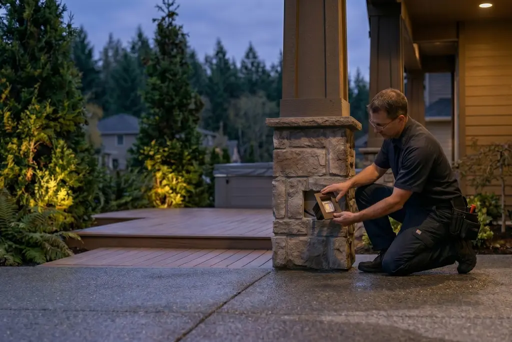 Installing outdoor lights on a pillar of residential home in Clark County, Washington