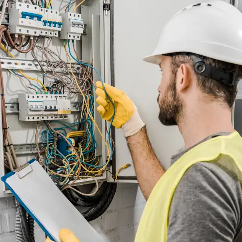 A Mr. Bright Electric electrician holding clipboard and checking wires in an electrical box