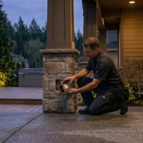 Electrician installing outdoor lights on a pillar of residential home in Cowlitz County
