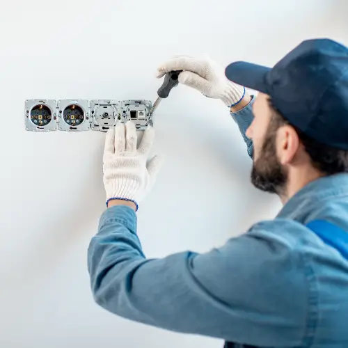 Electrician installing electrical sockets in the wall of a residential home in Sandy Bend