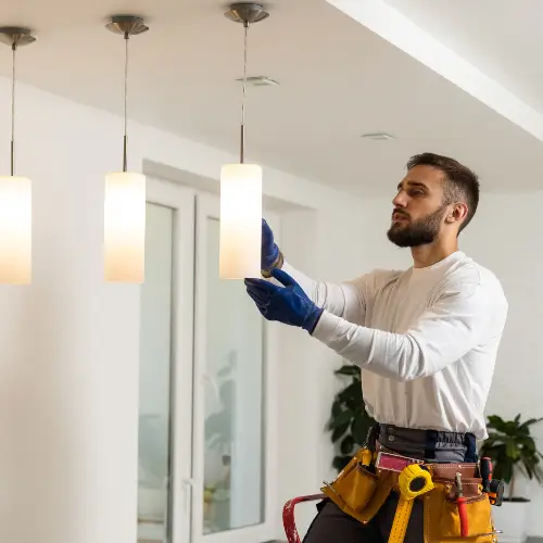 A Mr. Bright Electric electrician installing new kitchen lights in a Mint Farm home