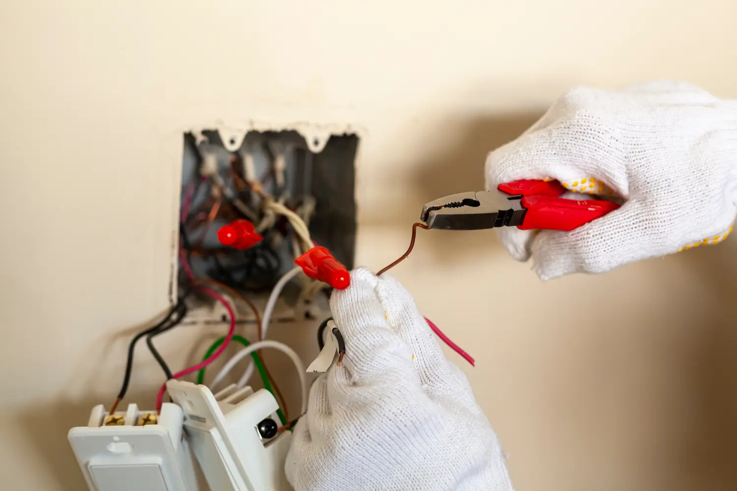 closeup of an electrician repairing some outlet electrical wiring