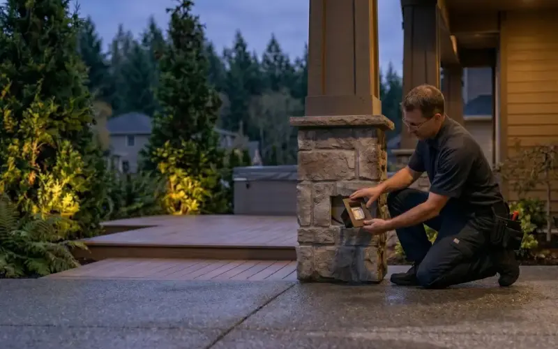 Electrician installing outdoor lights on a pillar of residential home in Cowlitz County