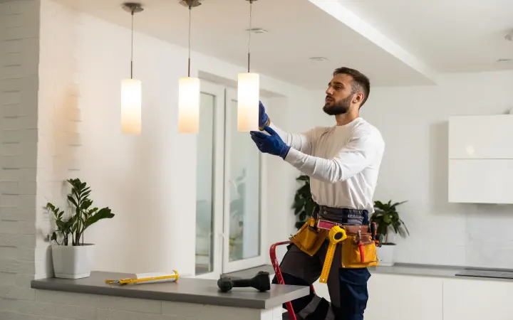 A Mr. Bright Electric electrician installing new kitchen lights in a Columbia Valley Garden home