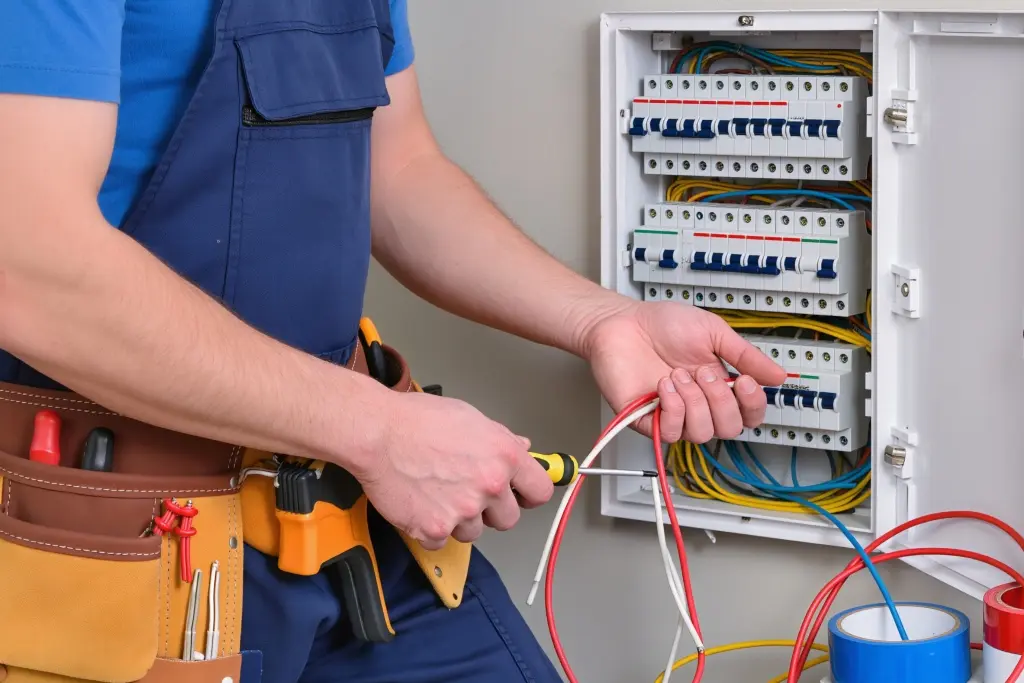 An electrician wearing a tool belt is working on an open circuit breaker panel, holding a screwdriver along with red and white wires.