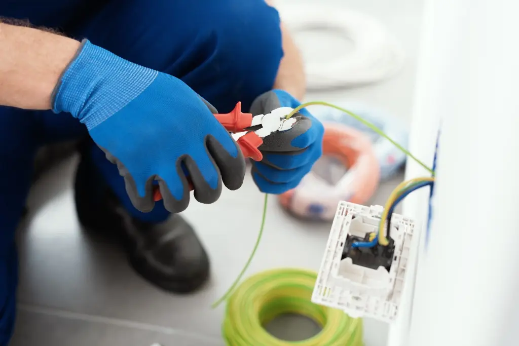 An electrician wearing blue protective gloves is using wire cutters to clip a green and yellow grounding wire near a wall box.