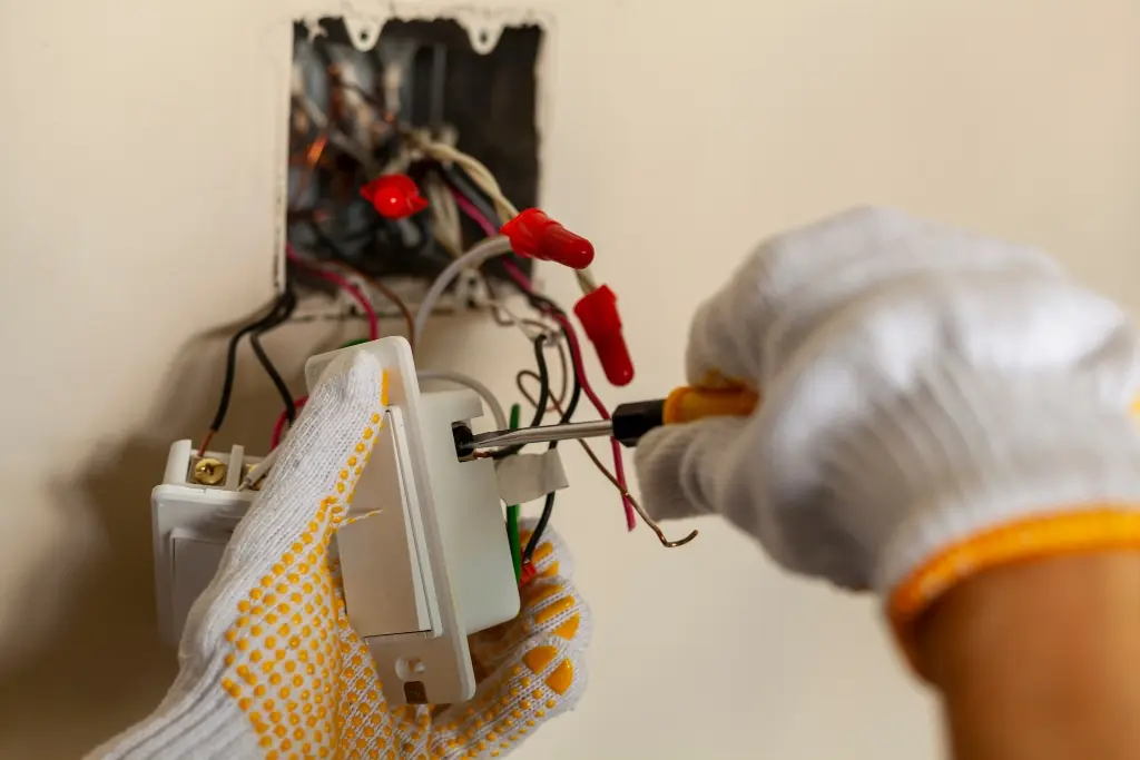 A person wearing safety gloves is using a screwdriver to connect wires to a white wall switch or socket. The wall box behind it reveals exposed wiring and red wire nuts.