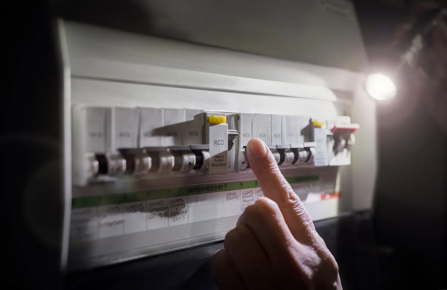 Mr. Bright Electrician checking a breaker panel in the dark